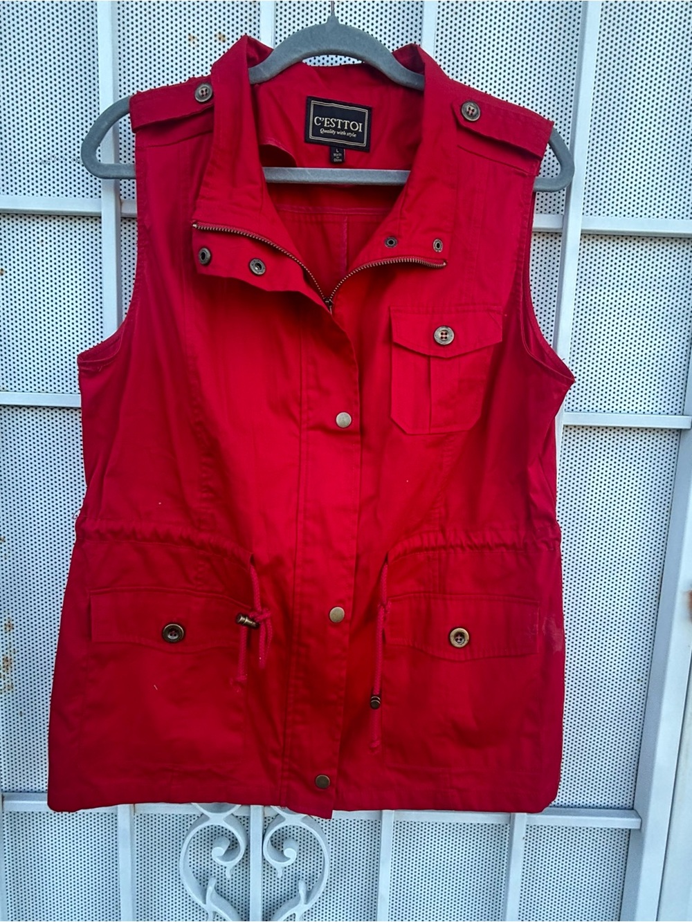 C'Esttoi Women L red Vest Button/top Zip waist drawstring patch pocket button